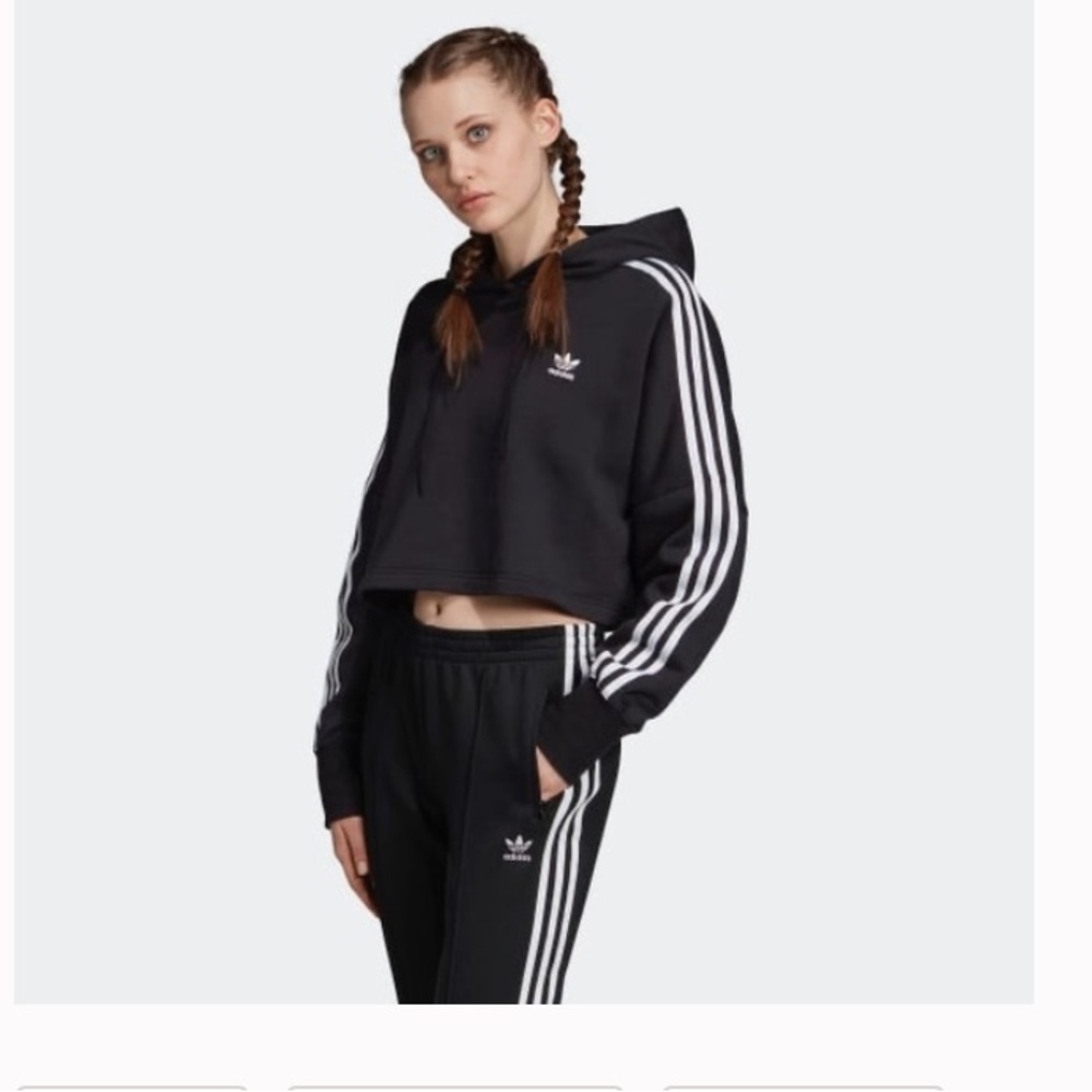 Adidas Cropped Three Striped Hoodie Black
